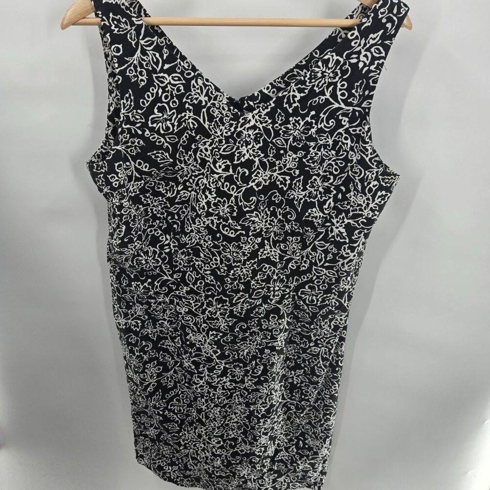 Vintage Sag Harbor Petite Black White Floral Leaf Sheath Cotton Midi Dress 12P